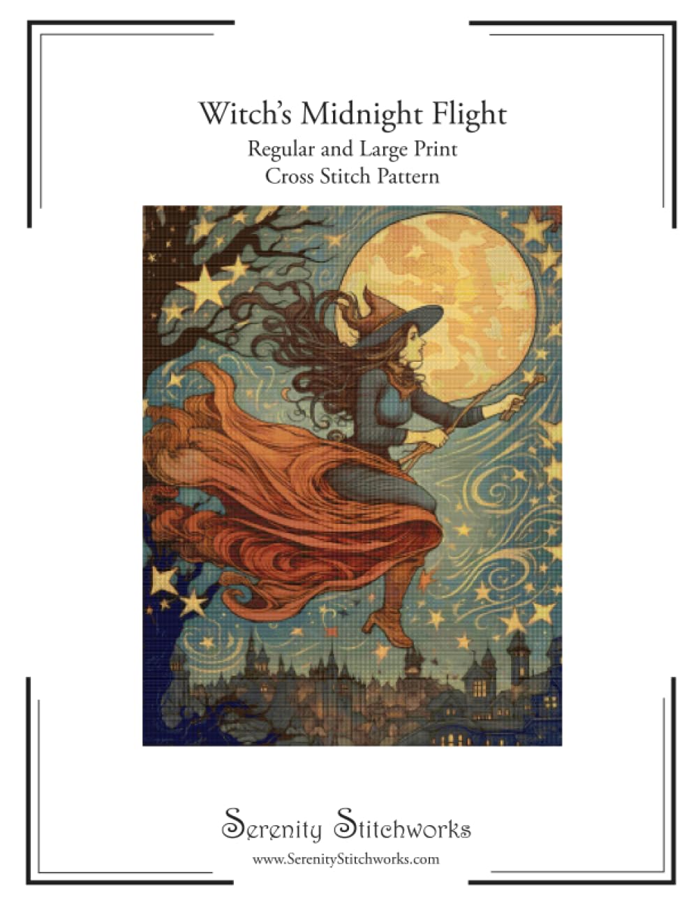 Witch's Midnight Flight Cross Stitch Pattern: Regular and Large Print Cross Stitch Chart