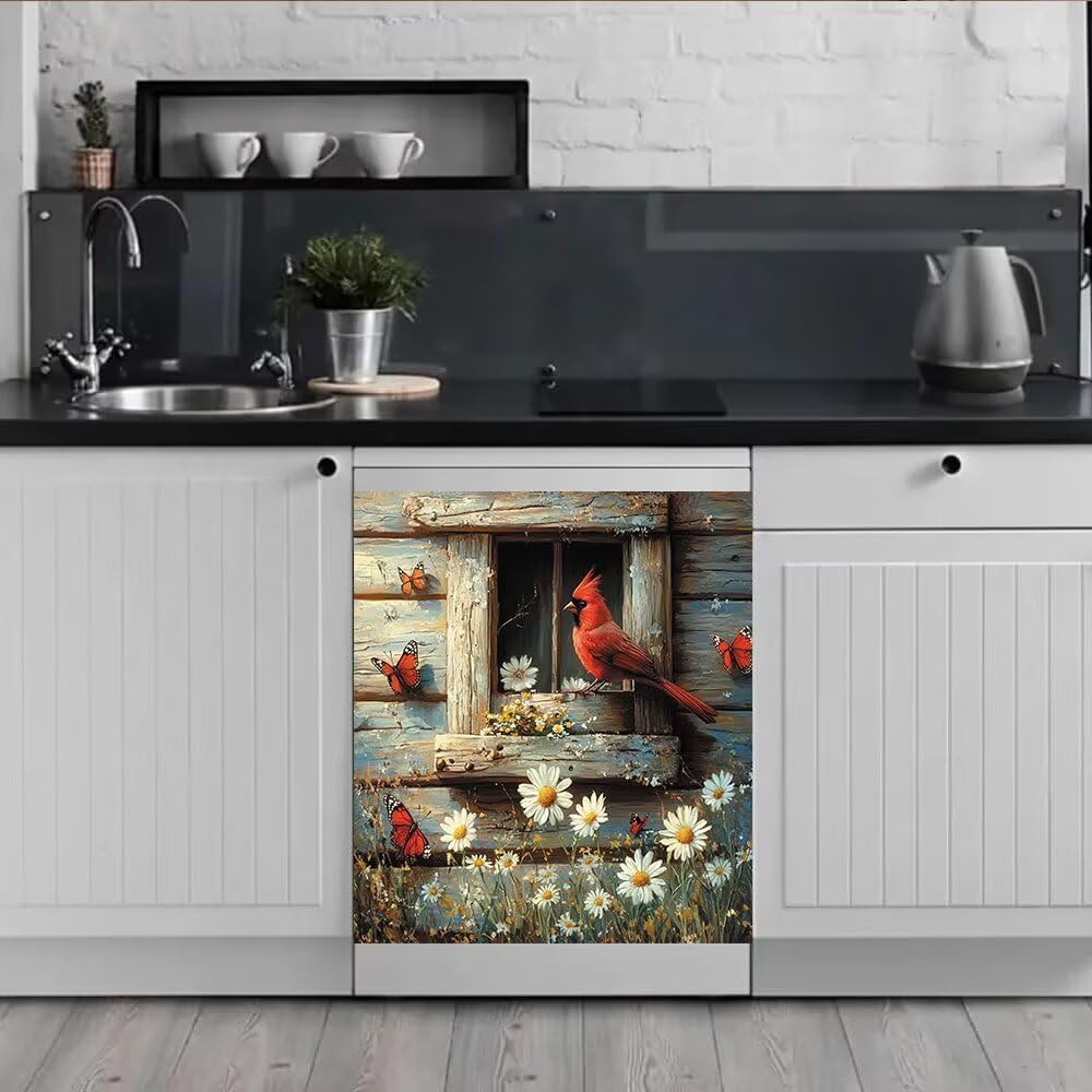 Daisy Cardinal Dishwasher Magnet Decorative Cover, Vintage Wooden Window Butterfly Refrigerator Magnetic Panel Decal, Kitchen Vinyl Magnets Appliance Sticker 23" W x 26" H