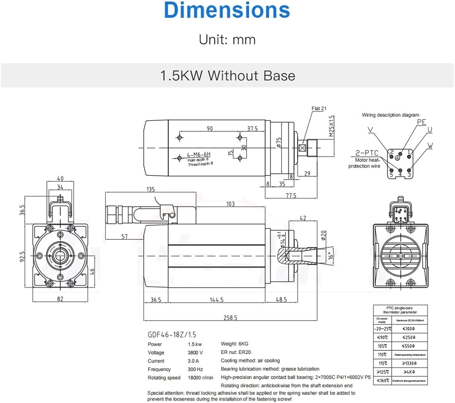 1.5kw air-cooled spindle motor 220V 380V ER20 18000rpm GDF46-18Z(1.5KW 220V ER20,Without Base)