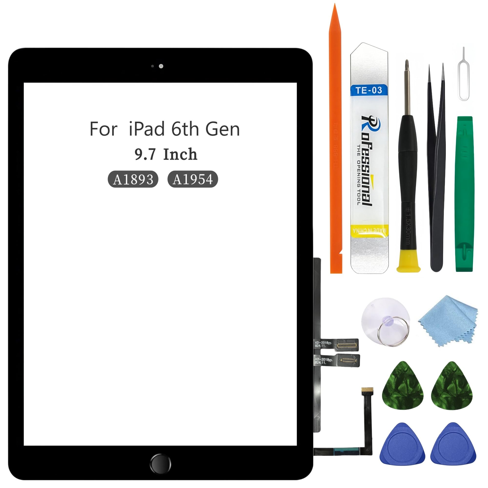 タッチパネル交換用 9.7インチ 2018 iPad 第6世代（A1893 A1954）ガラスタッチデジタイザー 画面交換修理用、ホームボタン付き、取り付け済み接着剤、ツール修理キット（ブラック）