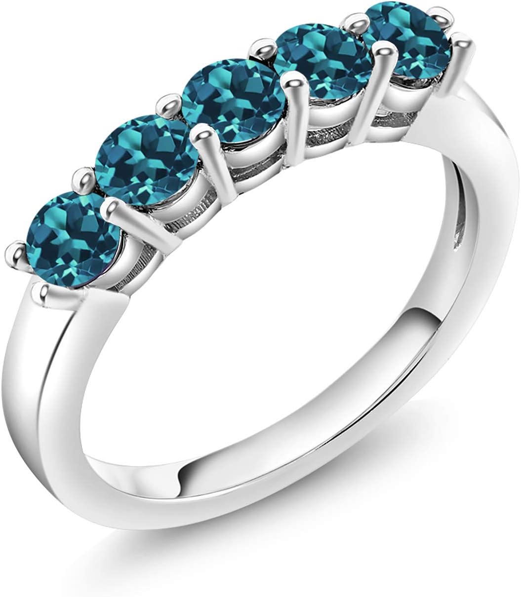 Gem Stone King 1.10 Cttw London Blue Topaz 5-Stone Wedding Anniversary Band Ring For Women | 925 Sterling Silver | Gemstone Birthstone | Wedding Engagement Anniversary Promise Ring For Women