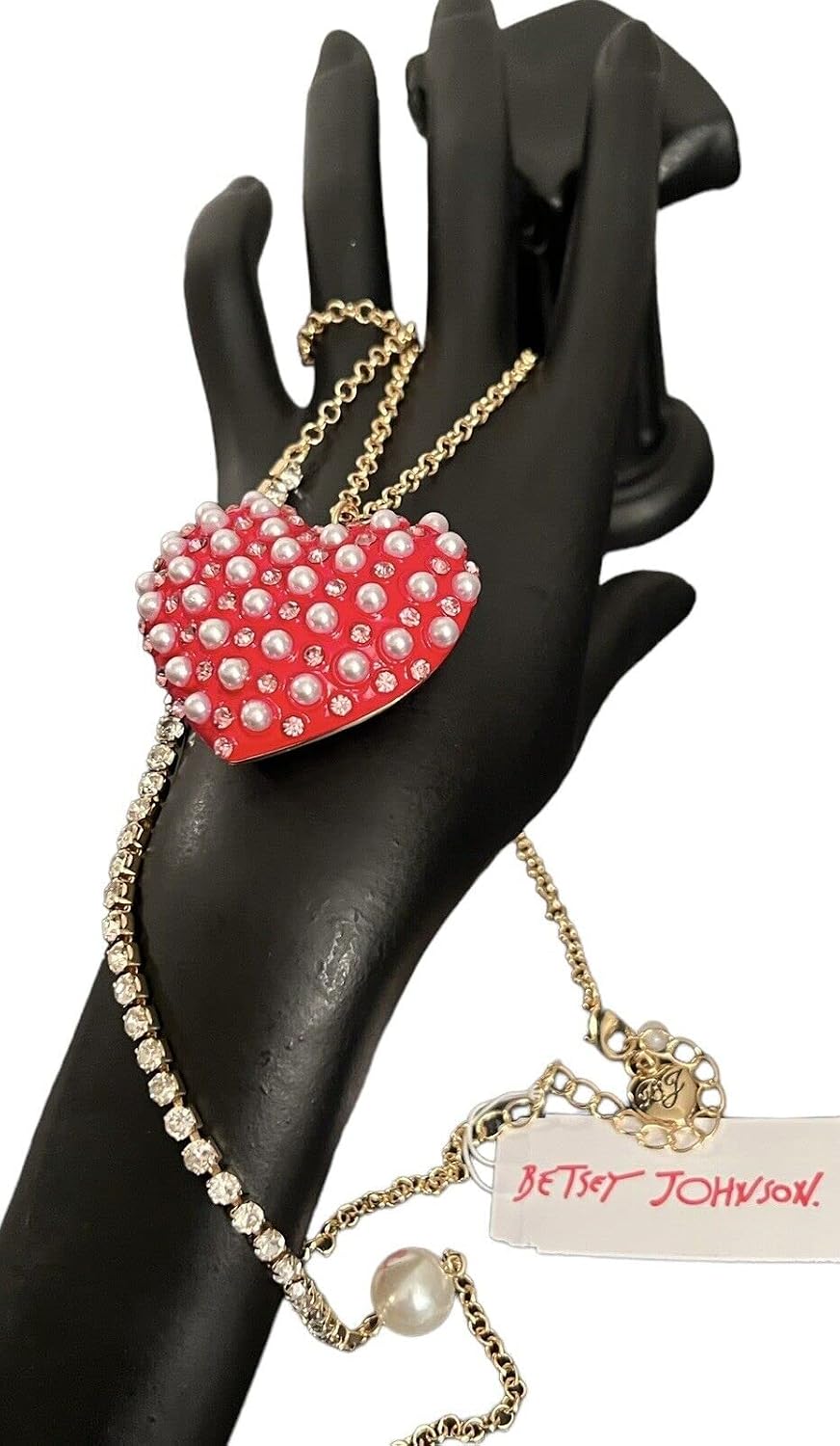 Betsey Johnson XOXO Pearly Red Heart Long Crystal Gold Tone Necklace Great Valentine's Day Gift Idea Love Birthday Present XMAS Gifts