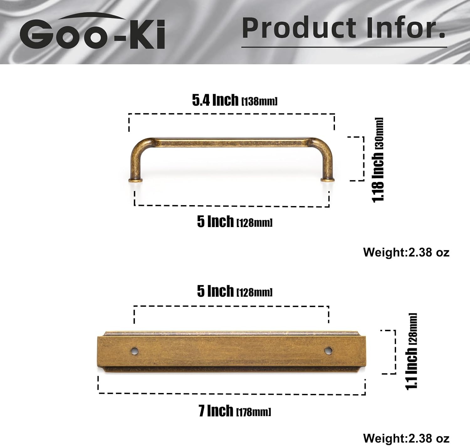 Goo-Ki 2 Pack Cabinet Pulls Handles with Back Plate Spacer, 5 Inch Hole Center Antique Brass Zinc Alloy Kitchen Hardware for Bar Drawer,2202-GT-128-G020