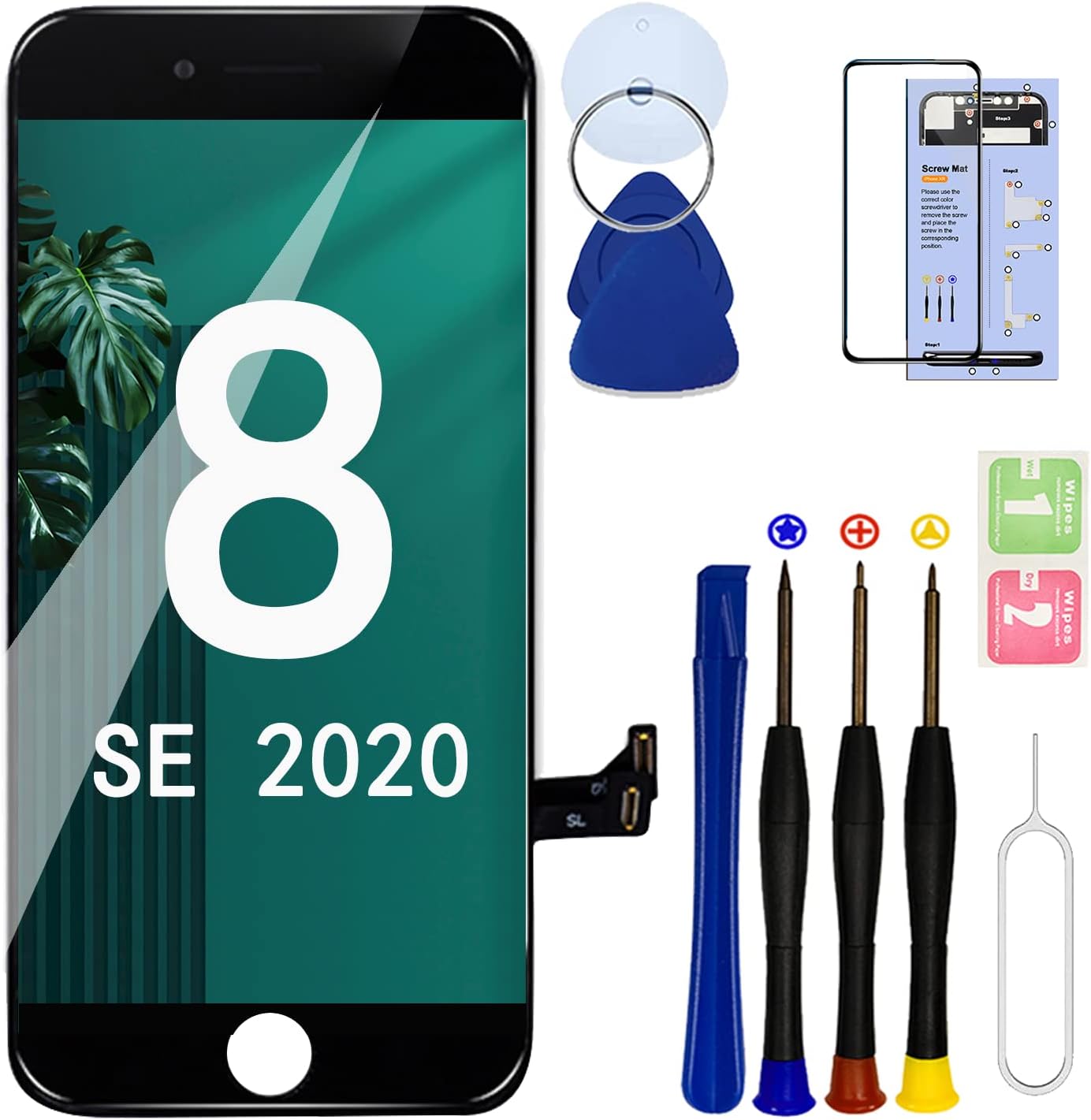 for iPhone 8/ SE 2020 2nd Generation Screen Replacement Black,LCD Touch Digitizer with Repair Tools for A2275, A2298, A2296.with Screen Protector (Black, 8G)