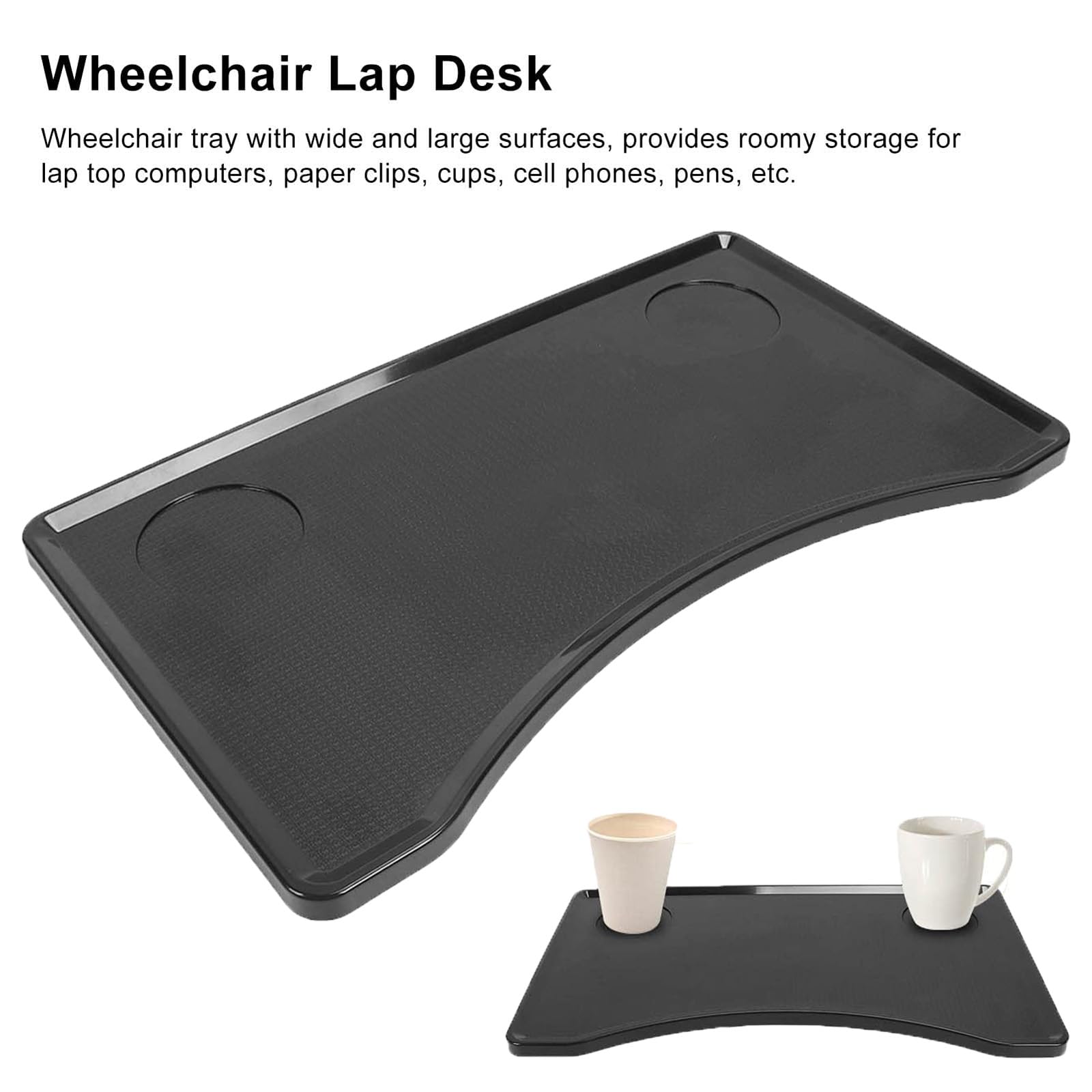 Bandeja para Silla de Ruedas de 53 × 30 cm, Mesa Auxiliar para Silla de Ruedas, Mesa portátil para Silla de Ruedas con portavasos, extraíble, Ideal para Comer, Leer y Descansar. Color Negro.