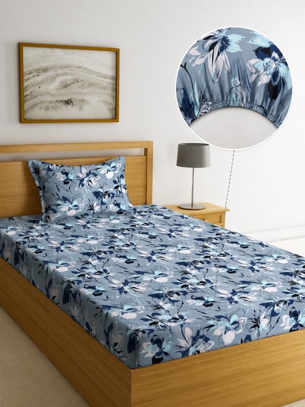 Image of la' amour 240 TC Cotton Fitted Single Bedsheet with 1 Pillow Cover | Elastic Bed Sheet | Soft Breathable Skin-Friendly Fabric | All Season Comfort | 36 x 72 + 6 Inches Arctic Bloom