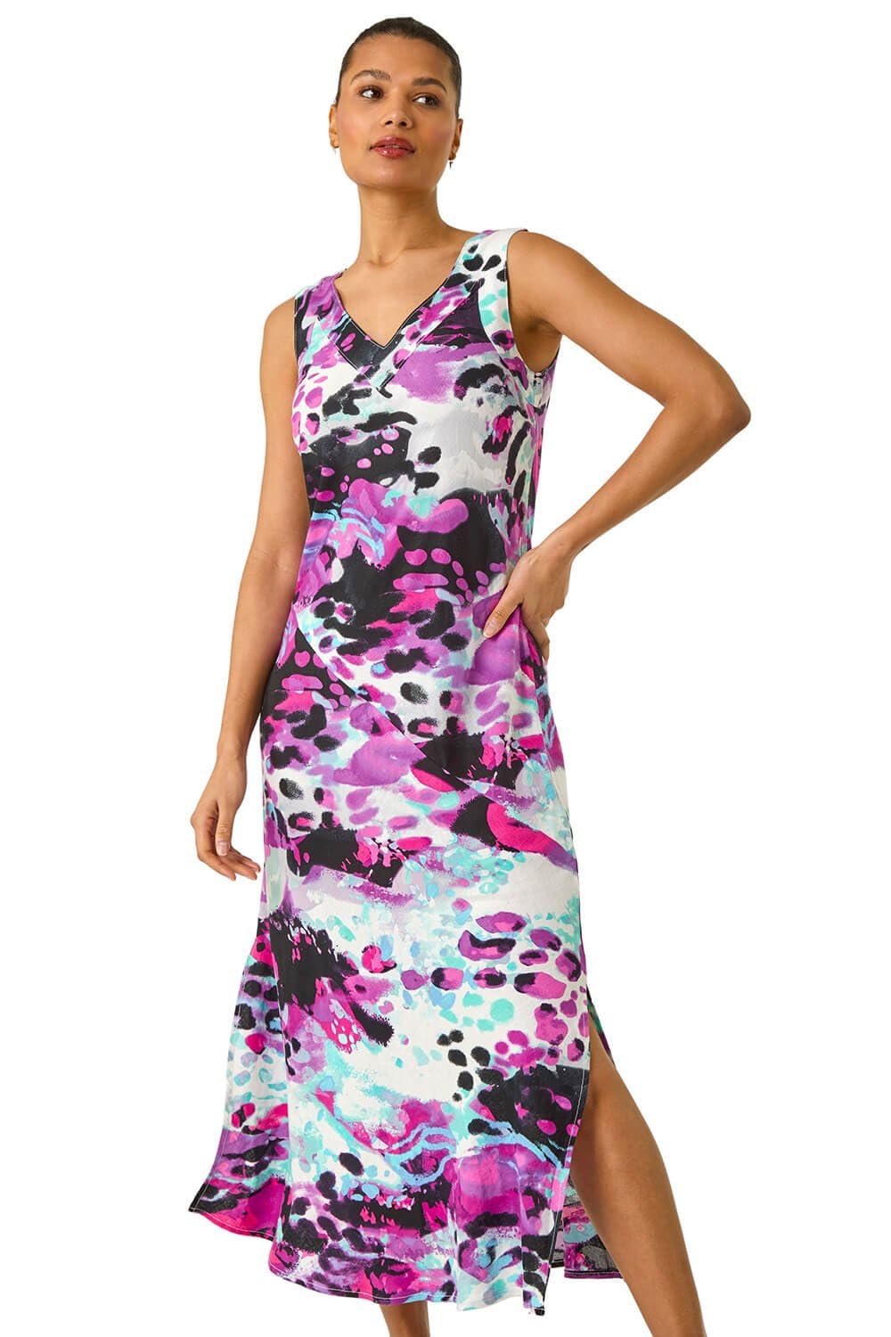 Roman Originals Bias Linen Mix Midi Dress for Women UK - Ladies Everyday Holiday Spring Summer V-Neckline Comfy Soft Evening Vacation Work Party - Purple - Size 16
