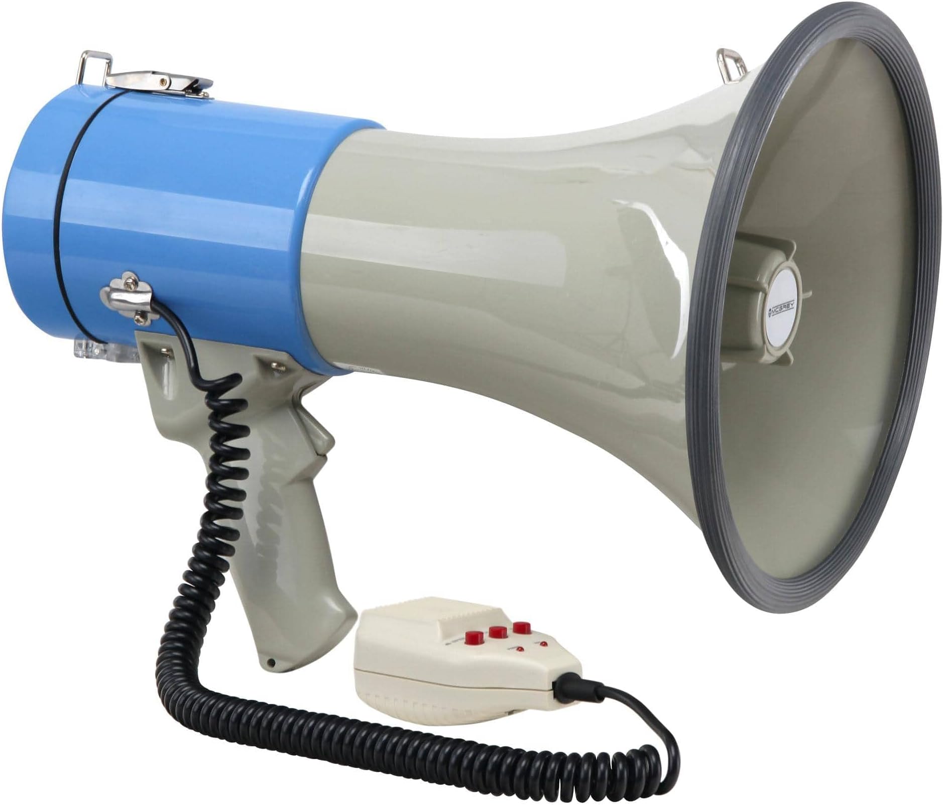 McGrey MP-800HRS megaphone (mouthpiece, 25 watt RMS / 80 watt MAX), up to 1000m range, handheld microphone, siren, whistle, recording function, USB / SD / AUX MP3 player battery powered) grey / blue