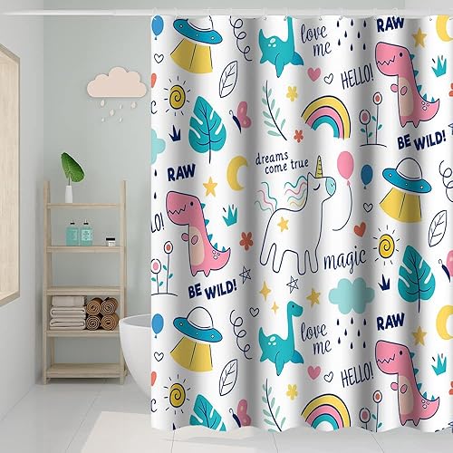 Cortina de ducha de baño con temática de ensueño, diseño de dinosaurios, dinosaurios, arco iris, cortina de ducha mágica con ganchos, cortina de