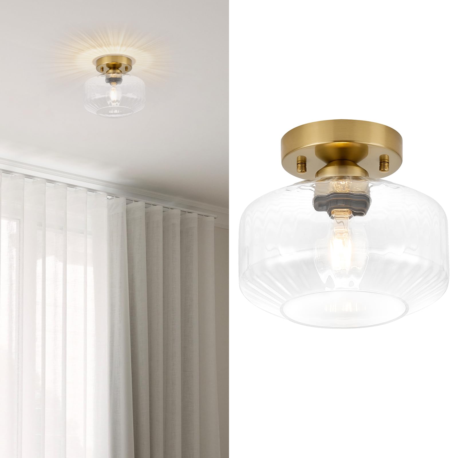 BISAMIYA Modern Gold Semi Flush Mount Ceiling Light, Brass Finish Ceiling Light Fixture with 8.66" Textured Glass Shade for Hallway, Entryway, Kitchen