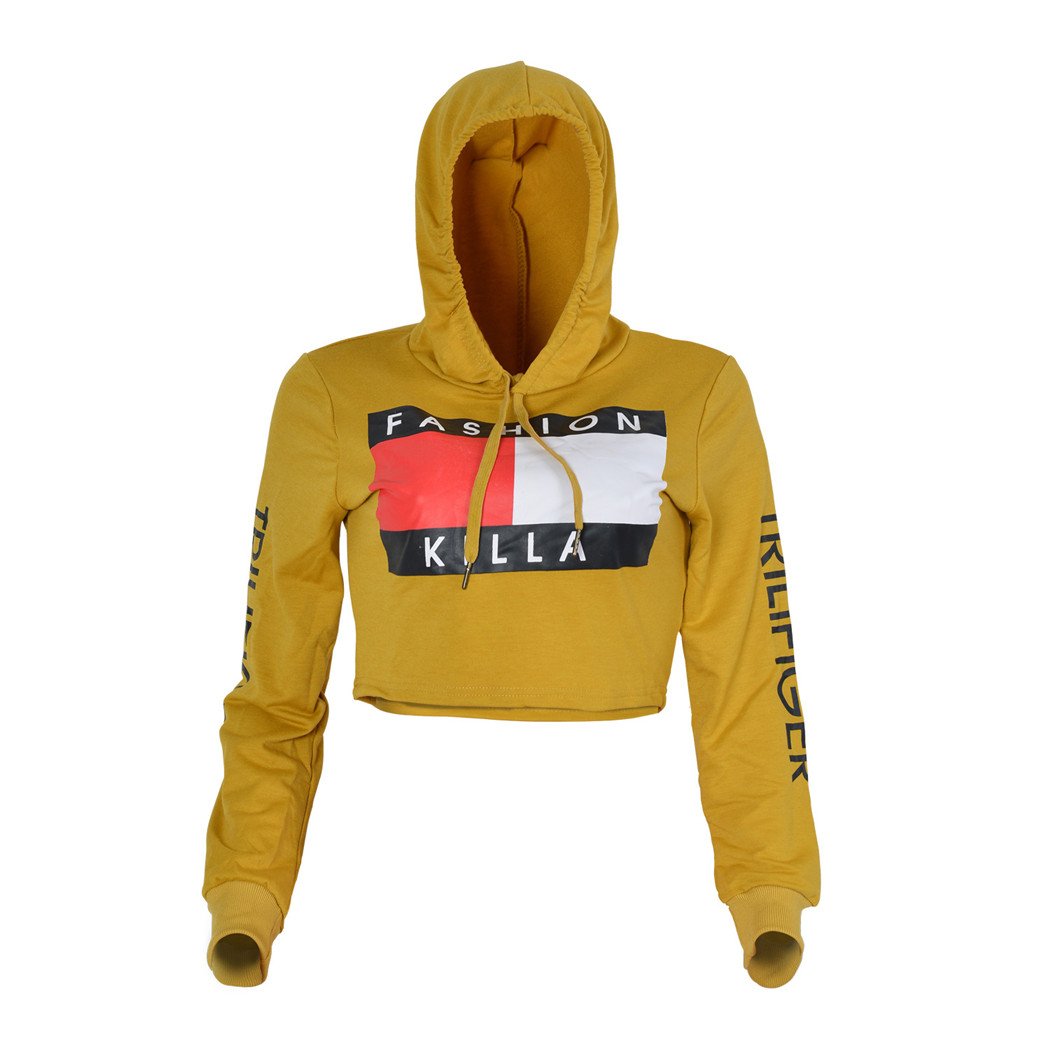 Sexy Women Hoodie Sweatshirt Jumper Print Crop Pullover Tops (X-Large, Yellow)