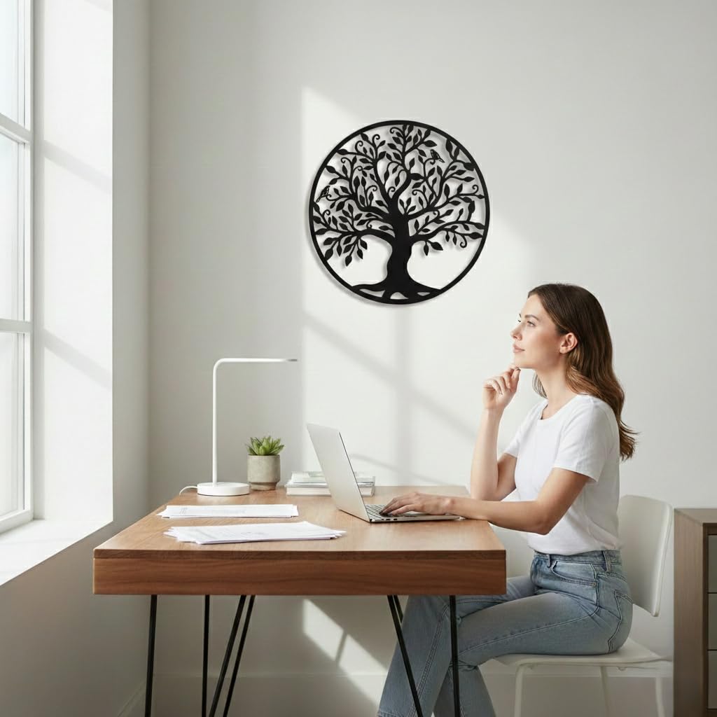 Harmonie Design Wanddekoration aus Metall, Rahmen, Baum des Lebens, Wanddeko, schwarz, industriell, groß, modern, originell, für Wohnzimmer (60 x 60 cm)