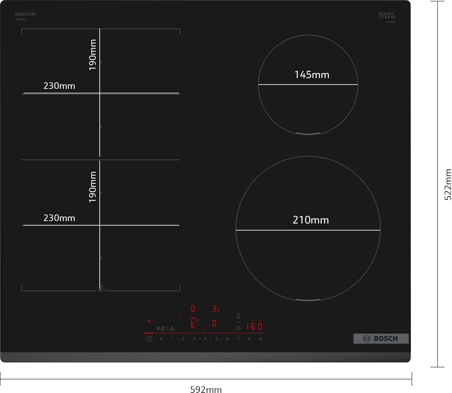 Bosch PUE612BB1E Induction Hob overall dimensions diagram