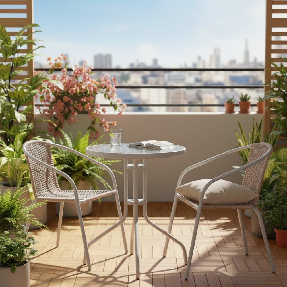 MONTY Mesa de jardín de Acero y Cristal Templado | De Ø 60 cm | Pintuta Color Beige con epoxi Anticorrosión | Resistente y Duradera | Balcón, Terraza o Jardín | Trivia