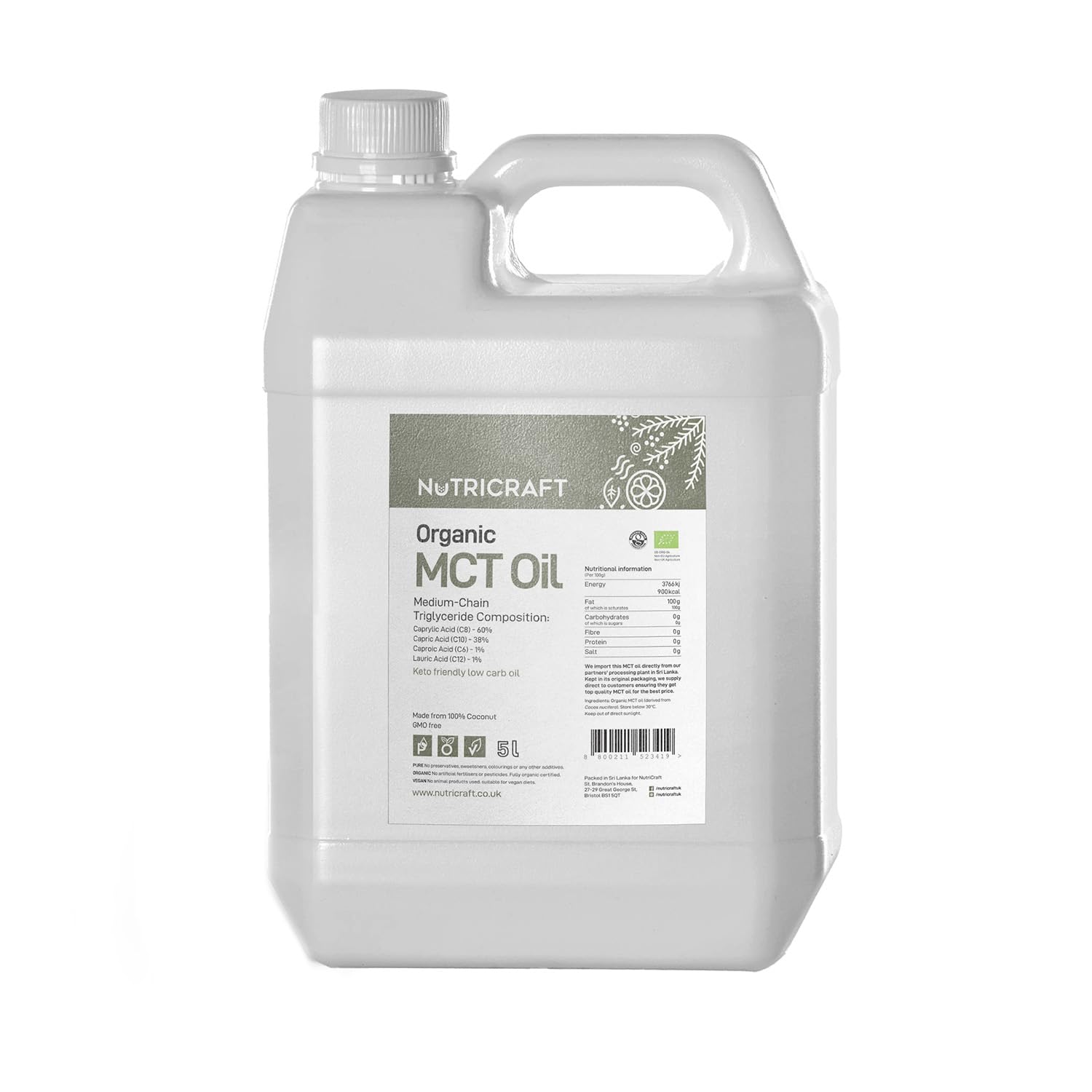 NutriCraft Pure Organic MCT Oil - 5L, Organic Certified Coconuts, Keto-Friendly, Versatile Supplement, Improve Overall Health, Sustainably Sourced, No Preservatives