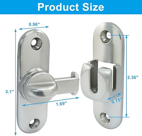 Miniatura 3 de Paquete de 2 cerraduras de puerta de granero plateadas de 90180 grados, pestillo de puerta corredera de seguridad, herrajes para puerta de baño,