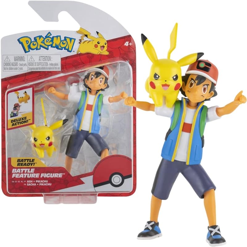 Figura de acción de batalla característica de Pokémon de 4.5 pulgadas, presenta a Ash y Pikachu de 2 pulgadas de lanzamiento en acción