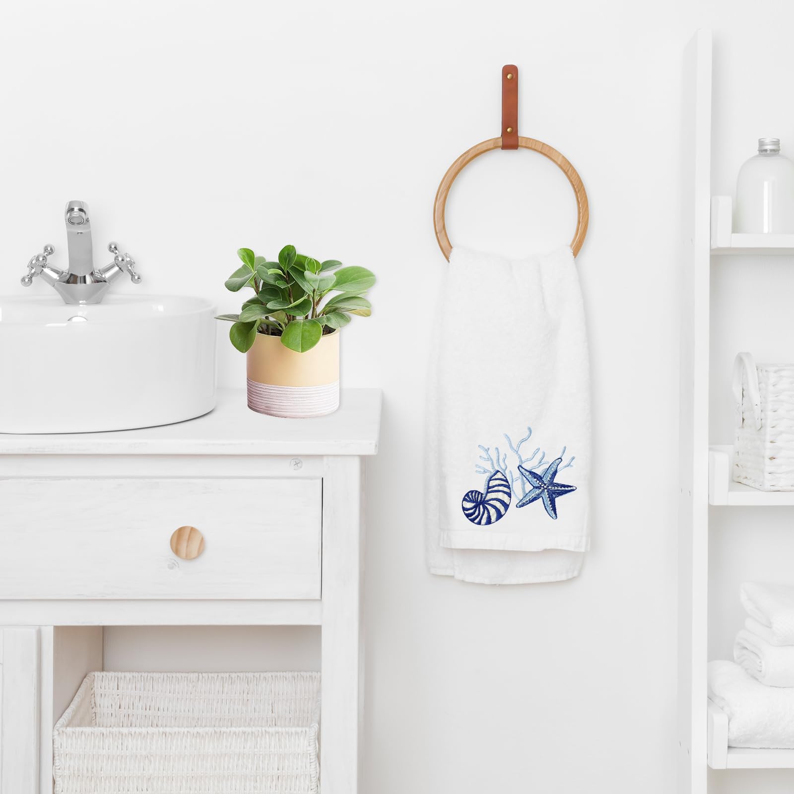 JarThenaAMCS Ocean Badetücher Set mit 3 bestickten Baumwoll-Badetüchern Muschel Seestern Koralle Sommerhandtuch Waschlappen zum Händetrocknen Duschzubehör