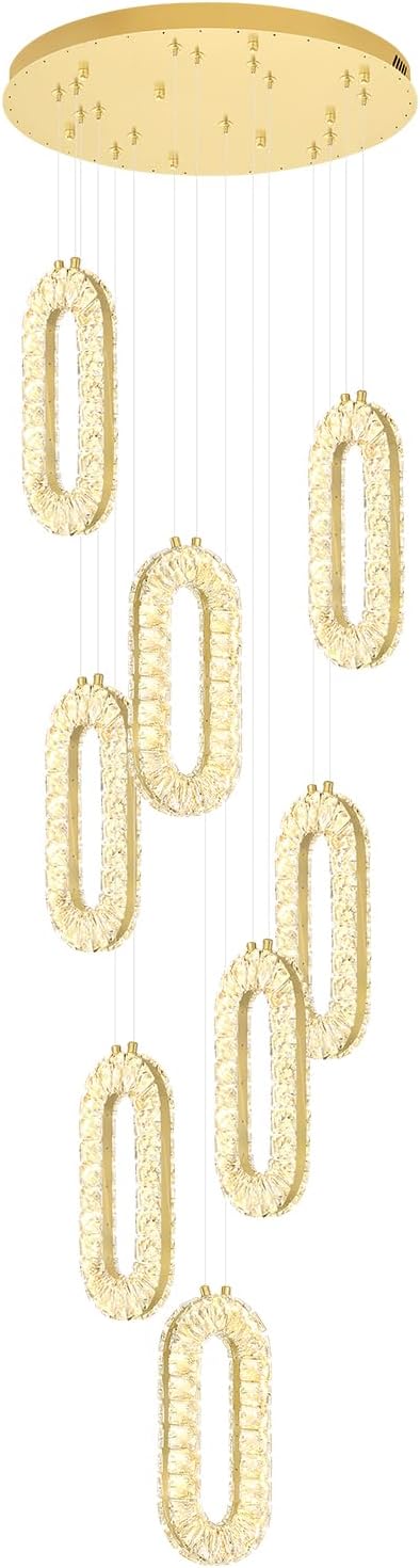 Modern Crystal Chandelier 6 Ring Chandeliers for High Ceiling Gold Large Pendant Lighting High Ceiling Light for Living Room Staircase Foyer