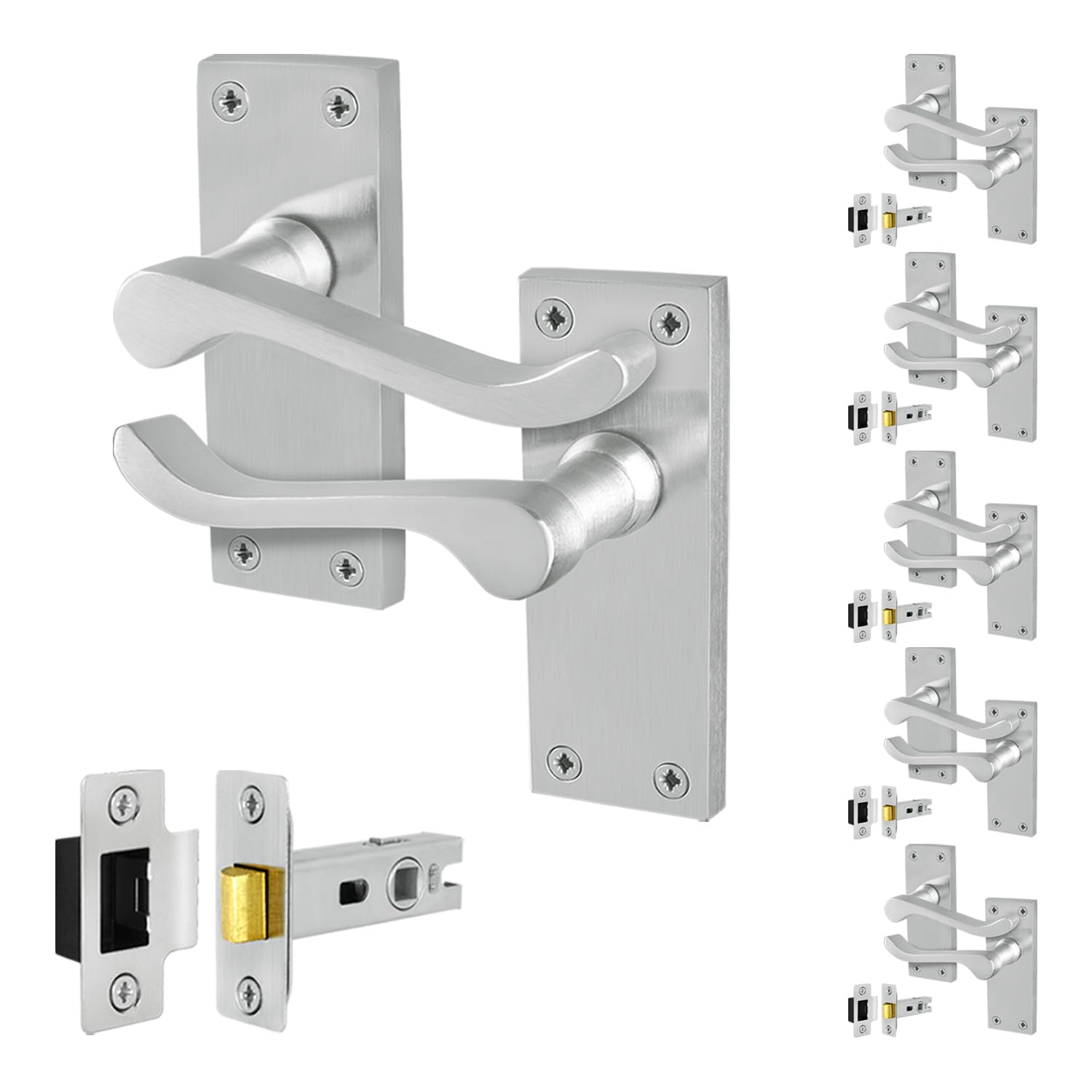EAI Satin Victorian Scroll Latch Handle Set, 6 Pairs Satin Chrome Internal Lever Door Handles on Backplate and Latch 64mm