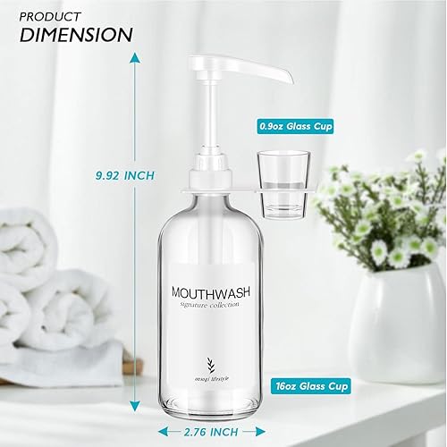 Miniatura 3 de Onsogi Dispensador de enjuague bucal de vidrio con soporte para tazas y bomba, dispensador de enjuague bucal rústico bohemio de 16 onzas para