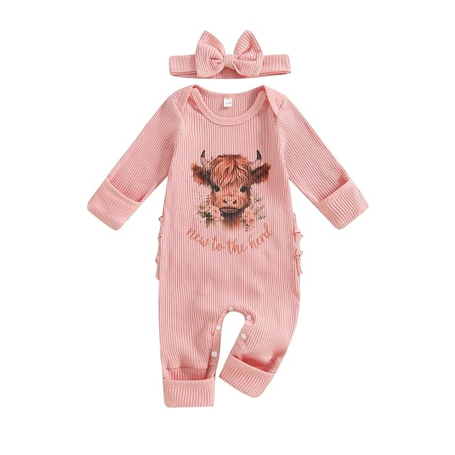 WZTYYDS Newborn Baby Girl Clothes Ribbed Romper Print Long Sleeve Jumpsuits Bow Headband Set Infant One-piece Outfits