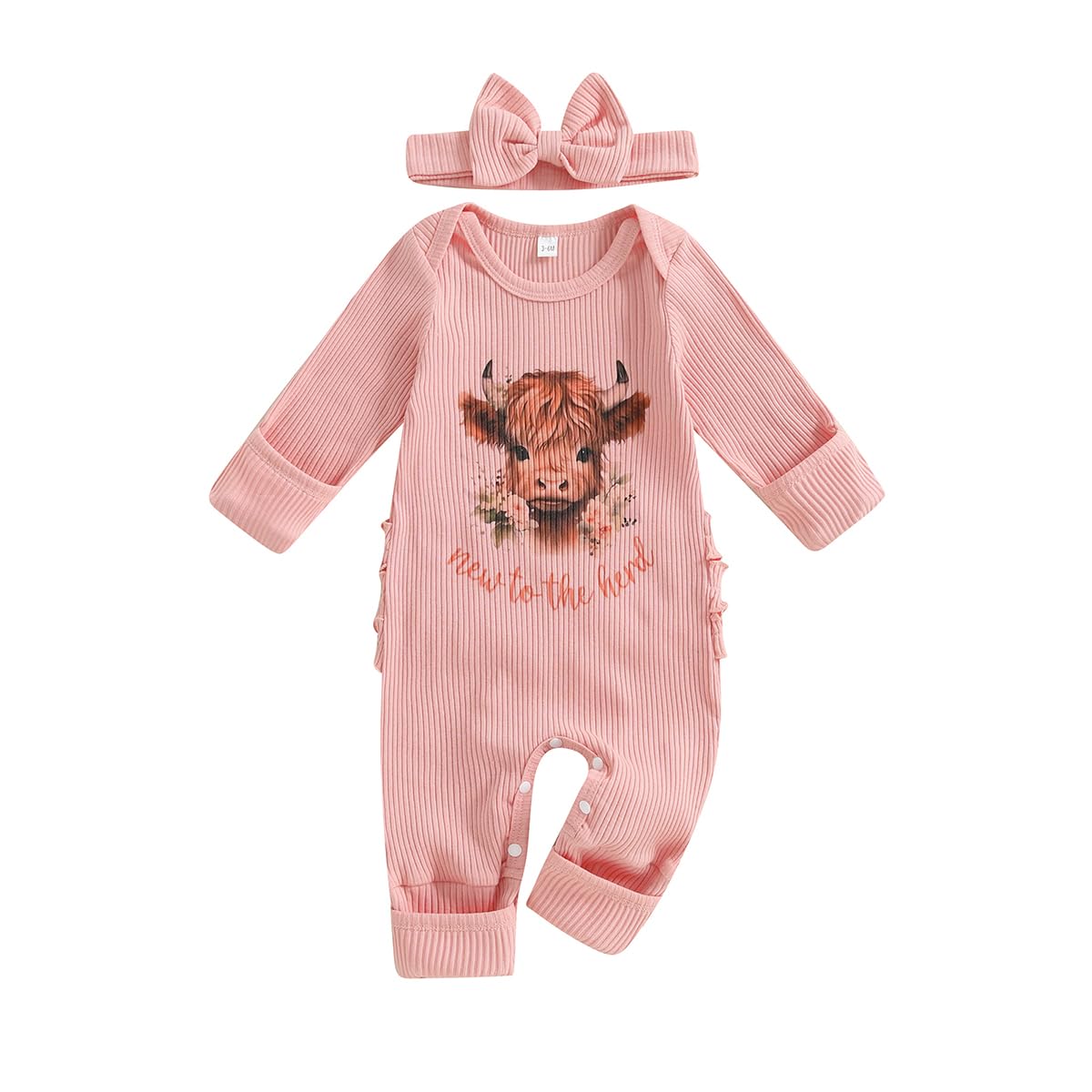 WZTYYDS Newborn Baby Girl Clothes Ribbed Romper Print Long Sleeve Jumpsuits Bow Headband Set Infant One-piece Outfits