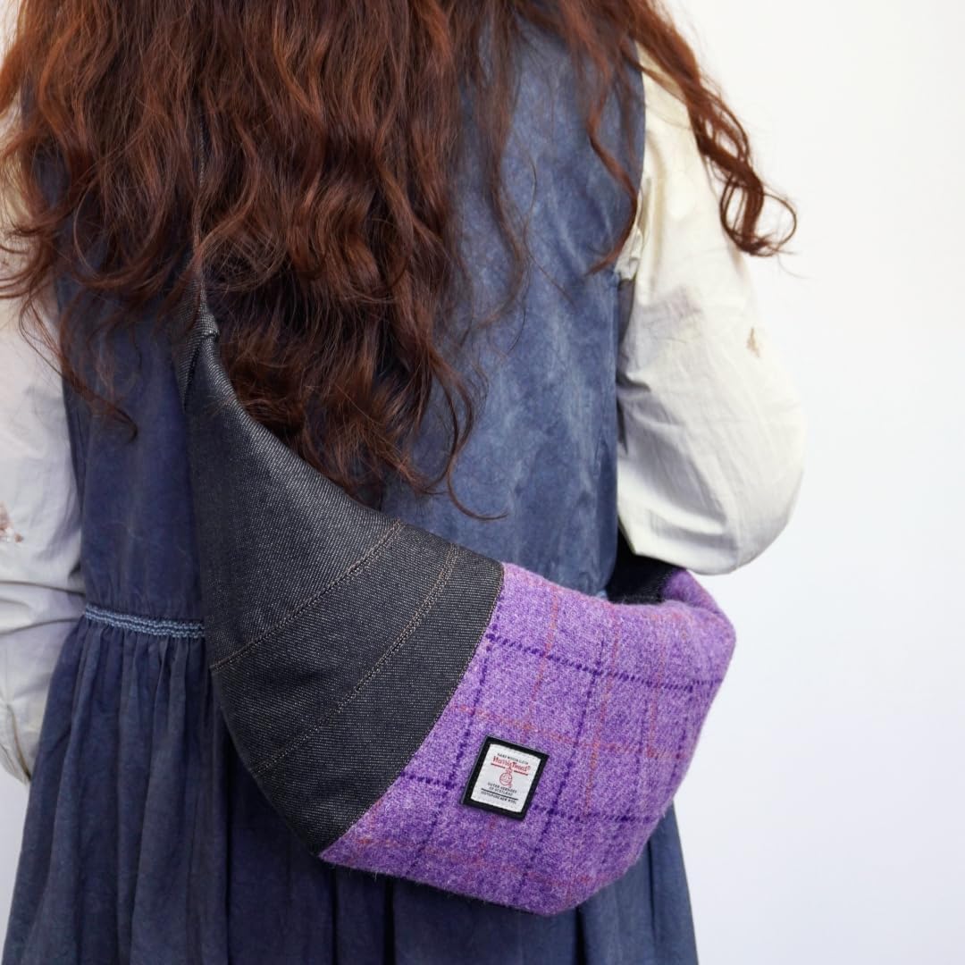 Harris Tweed Crescent Crossbody Bag for Women and Men, Tartan Wool & Denim Hobo Shoulder Bag, Vintage Travel Purse