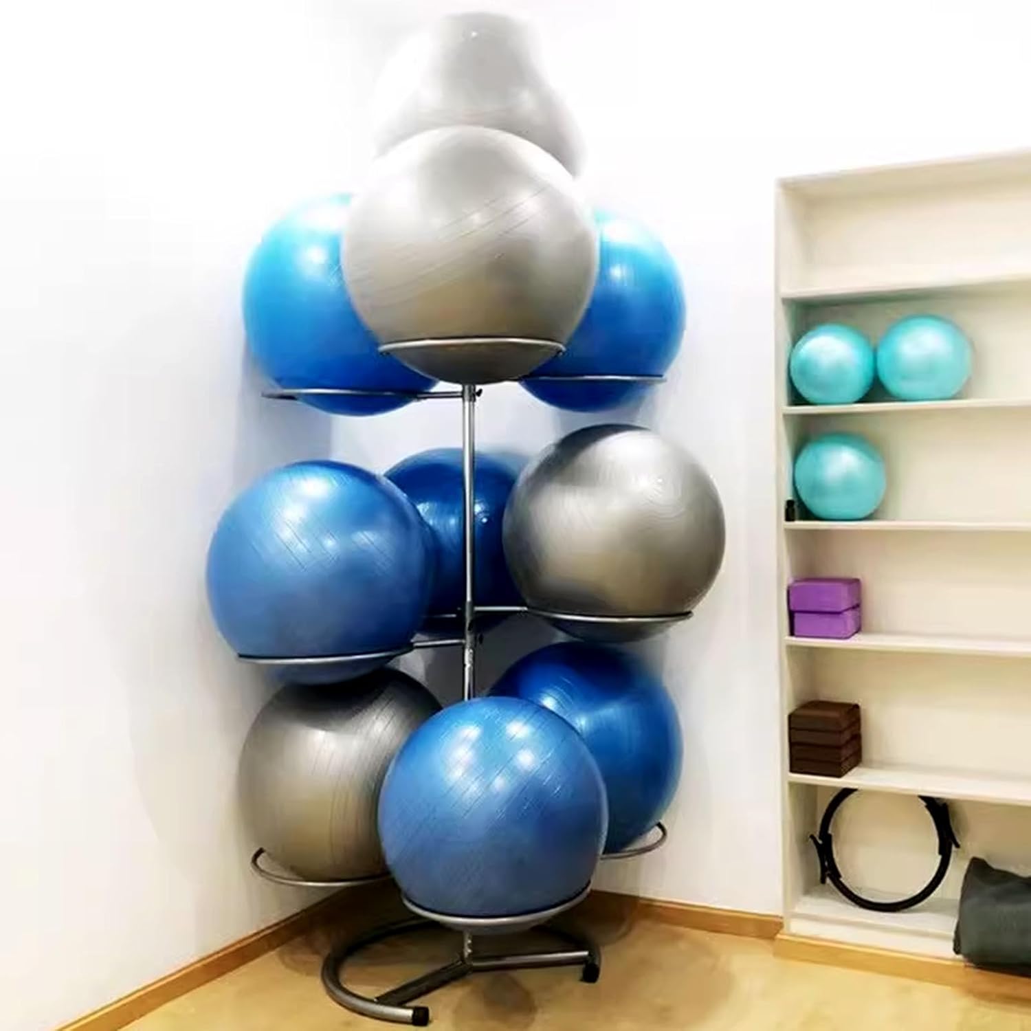 Metal Yoga Ball ‌Storage Rack Large Exercise Stability Ball Holder for Home Or Commercial Use Yoga Ball Stand for Exercise Gym Garage Yoga Studios(White 3)