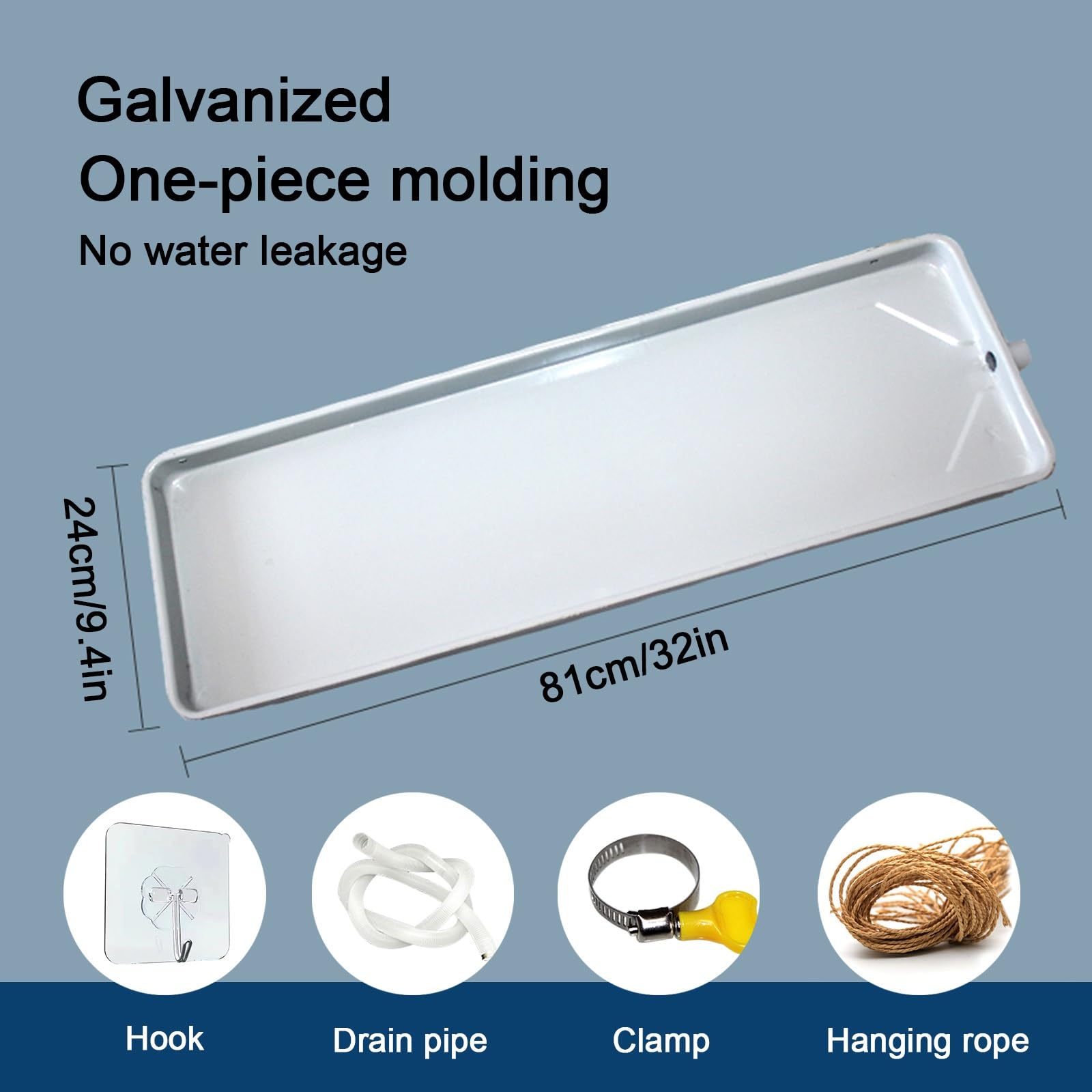 Bandeja de drenaje de condensado galvanizado con manguera de drenaje de 2 m, salida lateral, kit universal para sistemas de aire acondicionado dividido y bomba de calor (71 x 24 cm)