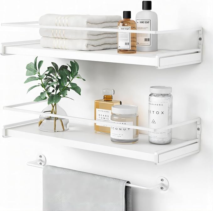 Forbena White Floating Shelves for Bathroom Organizer Over Toilet, Bathroom Shelves Wall Mounted with Towel Rack, Corner Wall Shelf for Bedroom Decor Kitchen Storage (White-Dark Grey, Set of 2)