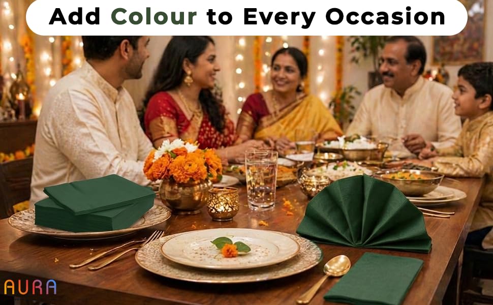 Image of AURA Coloured Paper Napkins - 50 Pulls (25 x 2 Packs) (40 * 40cm) | 3 Ply Ultra Soft & Absorbent Tissue Paper for Theme Party, Birthday, Home, Kitchen & Restaurant Use (Dark Green)