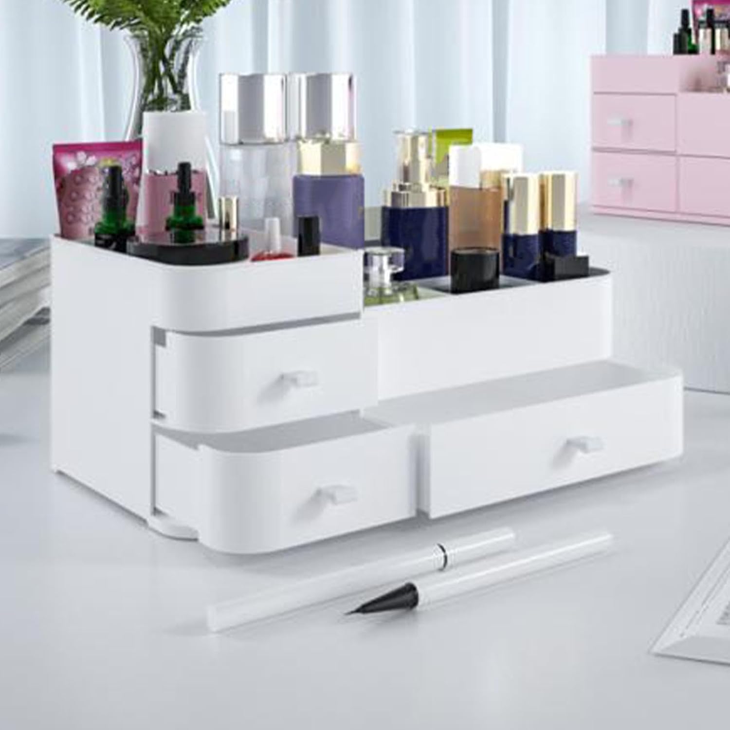 Cosmetic Organizer Plastic with Drawers Makeup Display Case for Home Use (White)