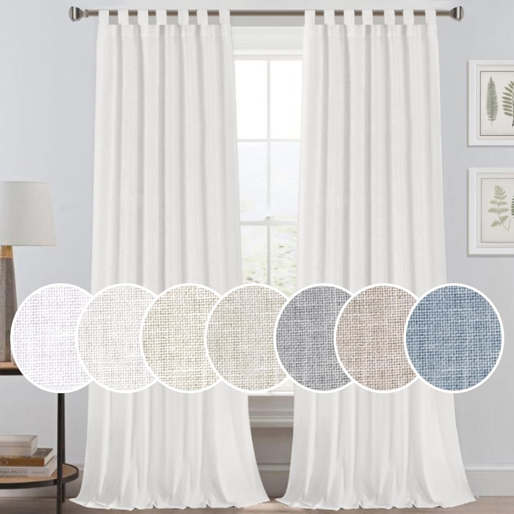 PrinceDeco Linen Curtains for Bedroom Tab Top Curtains Light Filtering Semi Sheer Home Decorative Window Treatments Draperies for Living Room, Set of 2, 52 x 96 -Inch - White