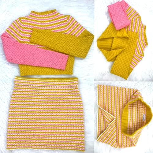 Laximu Women's 2 Piece Outfits Long Sleeve Splicing Leisure Stripe Suits Crop Top Bodycon Sweater Mini Skirt Set Yellow #TOP5