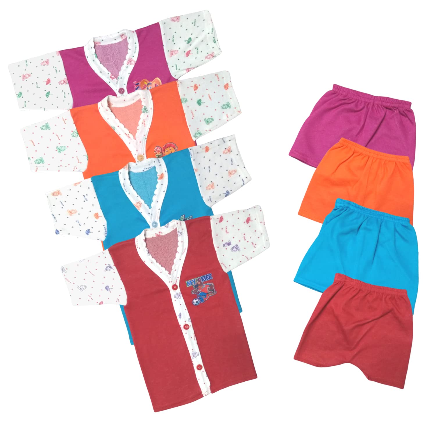 MPT.YOGI New-Born Baby Cotton Semi Colors Midi T-Shirt and Shorts and Pant Combo Set Pack of 4-D13 (0-3 Months, COLOR3)