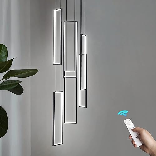 FDPBY Lámpara colgante regulable moderna de isla de cocina, color negro, 114 W, 6 anillos, rectangular, para escalera, gran vestíbulo, sala de