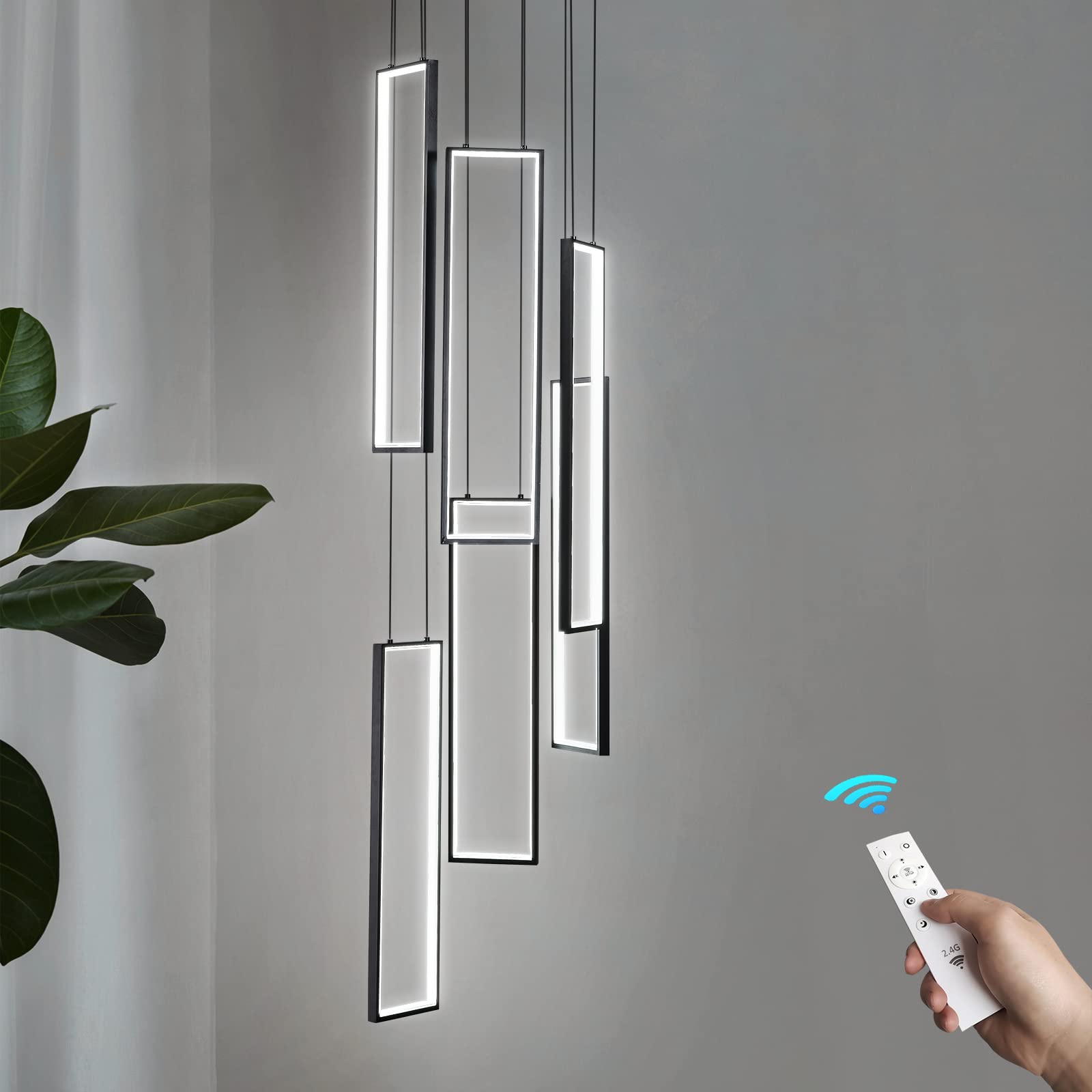 modern kitchen island dimmable pendant light fixture black 108w led pendant lights 6 rings rectangular chandelier staircase large chandelier lobby living room foyer high ceiling chandelier