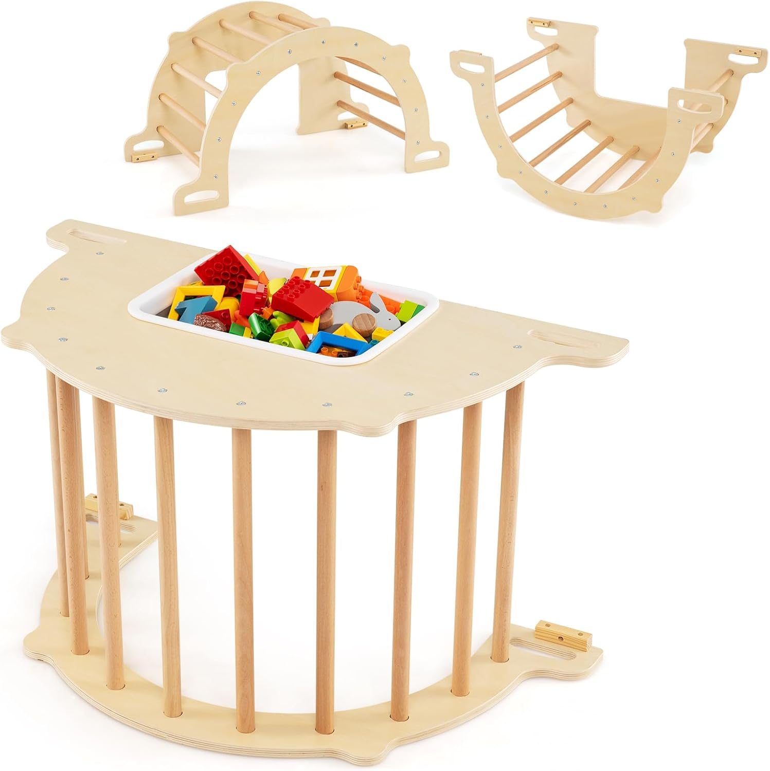 Costzon Wooden Arch Sensory Table, Large, 8 in 1 Montessori Climbing Gym