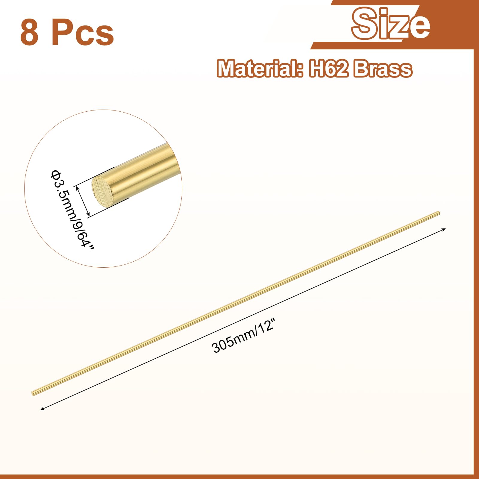 QUARKZMAN 8 Pezzi Barra Rotonda Piena In Ottone H62 9/64"(3.5mm) x 12"(305mm) Per Tornio DIY