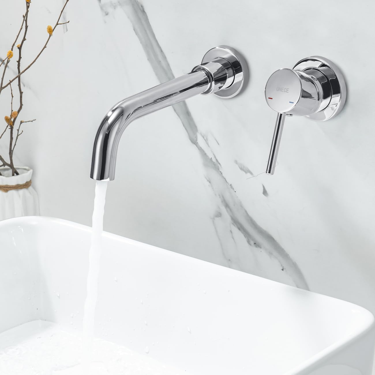 ONECE Grifo de Lavabo Montado en la Pared, Grifería Baño de Latón | Mezclador Monomando Empotrado, Función Frío y Caliente, Giratorio de 360°, Aireador Extraíble, Cromado