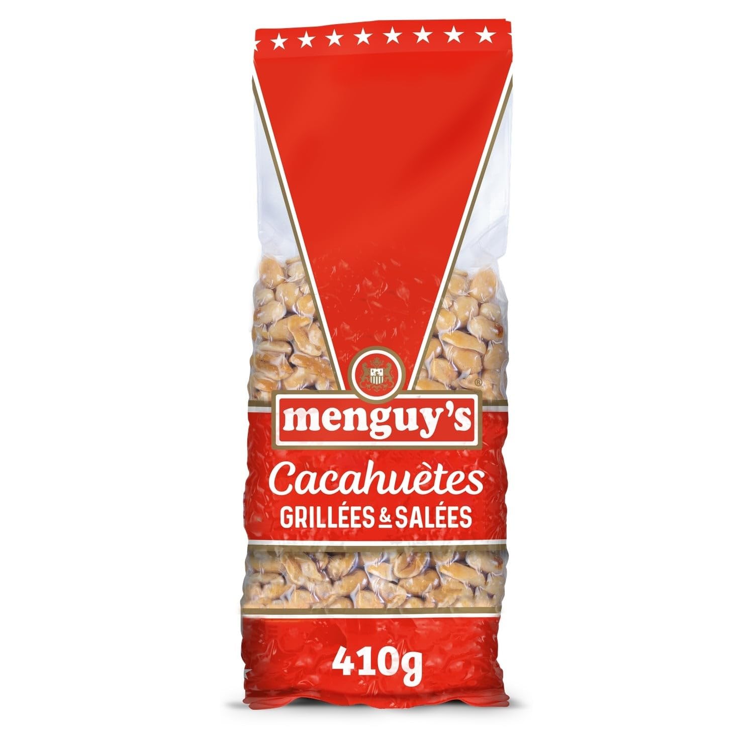 Des apéritifs savoureux grâce aux cacahuètes grillées et salées MENGUY'S, format familial de 410 g - Lot de 3