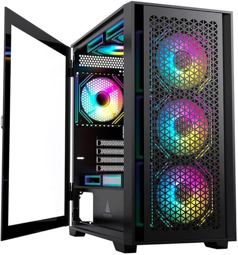 Acegeek Iliad Mini PC case with its tempered glass side panel open, revealing the interior.