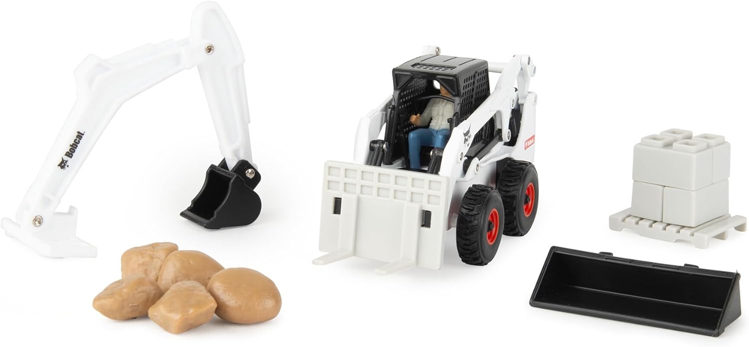 TOMY Bobcat Skid Steer Construction Toy Set – 1:32 Scale – Die Cast Skid Steer Toy - 15 Piece Playset with 3 Interchangeable Attachments – Ages 3+