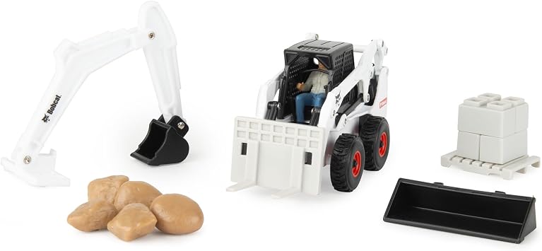 TOMY Bobcat Skid Steer Construction Toy Set 132 Scale Die Cast Skid Steer Toy - 15 Piece Playset with 3 Interchangeable Attachments Ages 3+