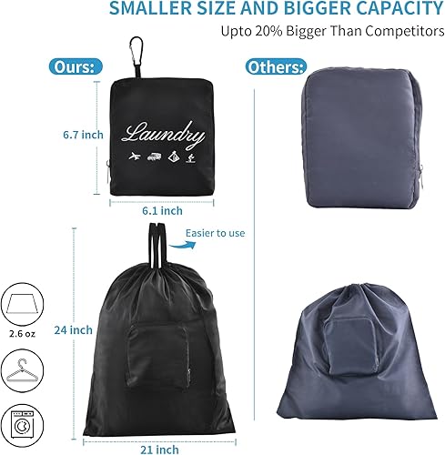 Miniatura 2 de 2 bolsas de lavandería sucias JHX con asas y mosquetón de aluminio, bolsa de ropa plegable para viajes, campamento, fitness y estudiantes (negro y