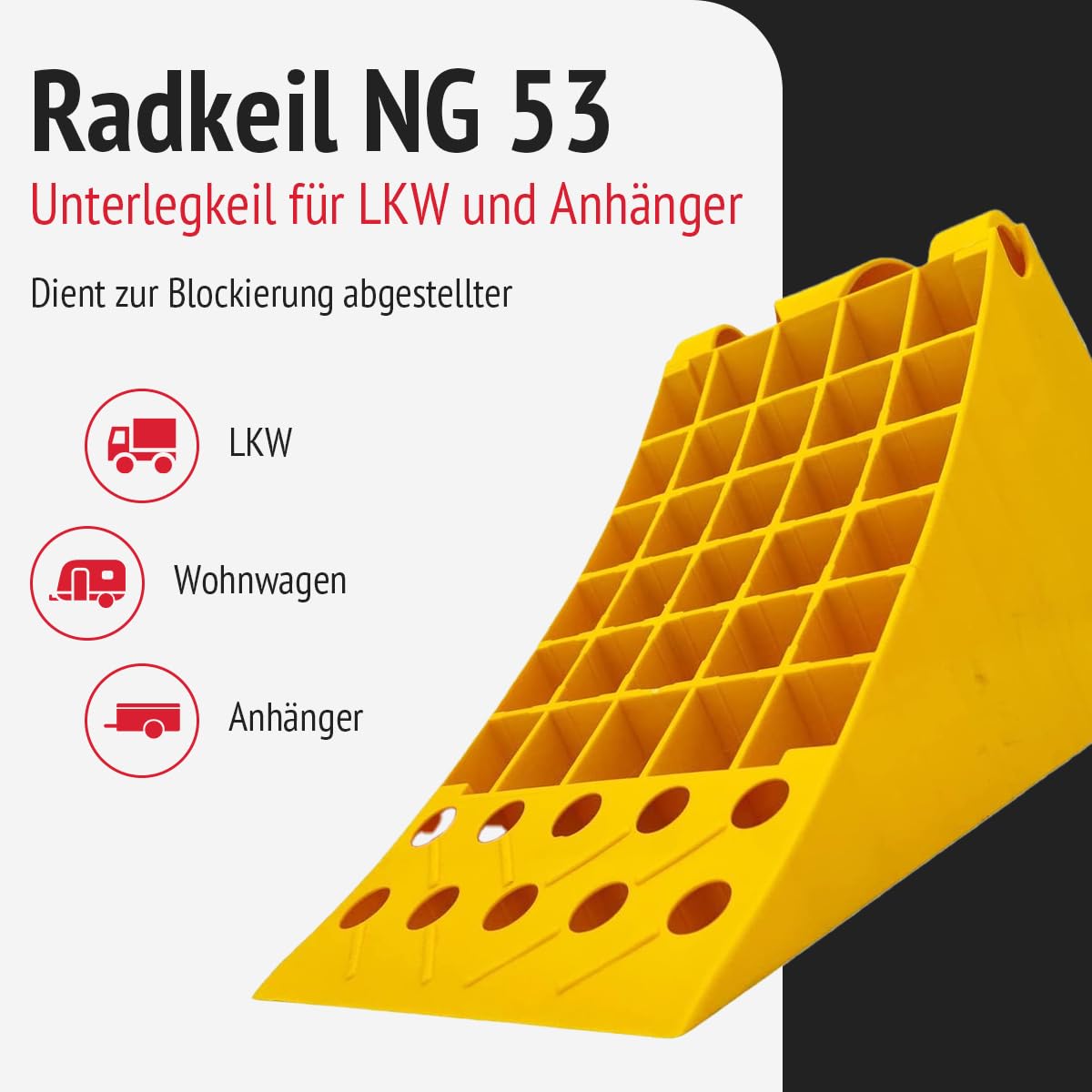 Radkeil NG 53 mit Tragegriff 2er Set | für LKW Anhänger Wohnwagen | Hemmschuh | Unterlegkeil belastbar | Nenngröße 53 Kunststoff Gelb | Unterlegkeile mit Griff | Keile stabil | Plastikkeil