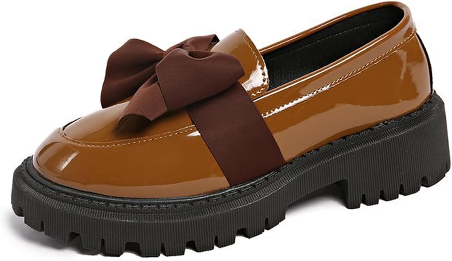 Women Patent Leather Slip On Thick Bottom Bow-Knot Loafers Comfortable Round Toe Low Square Heel Casual Shoes for Everyday Birthday Party Dress Shoes