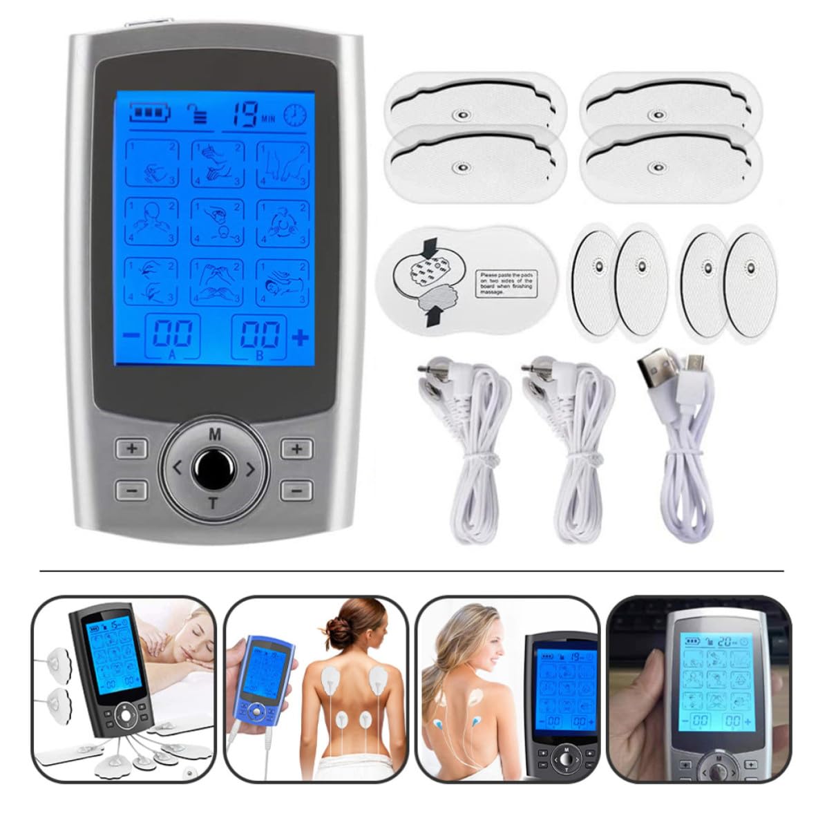 Veemoon Máquina Masajeadora Muscular 36 Modos y 8 Electrodos de Abs y Goma para Cuello y Espalda, de Circulación Sanguínea en Hogares y Centros de Masaje