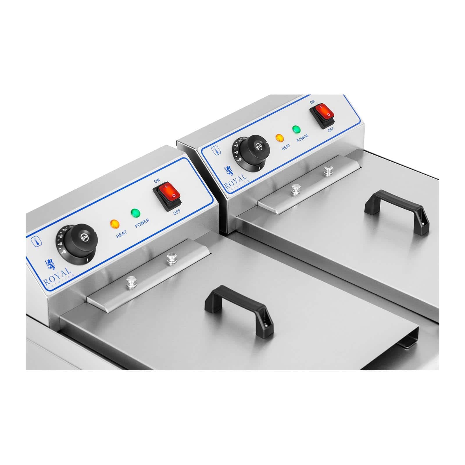 Royal Catering Kommerzielle Fritteuse Kapazität 2 x 16 l 13 kW 400 V 60-200 °C Kaltzone Ablasshahn autom. Abschaltung Thermoschutz Cool-Touch-Griff Elektro-Doppel-Fritteuse